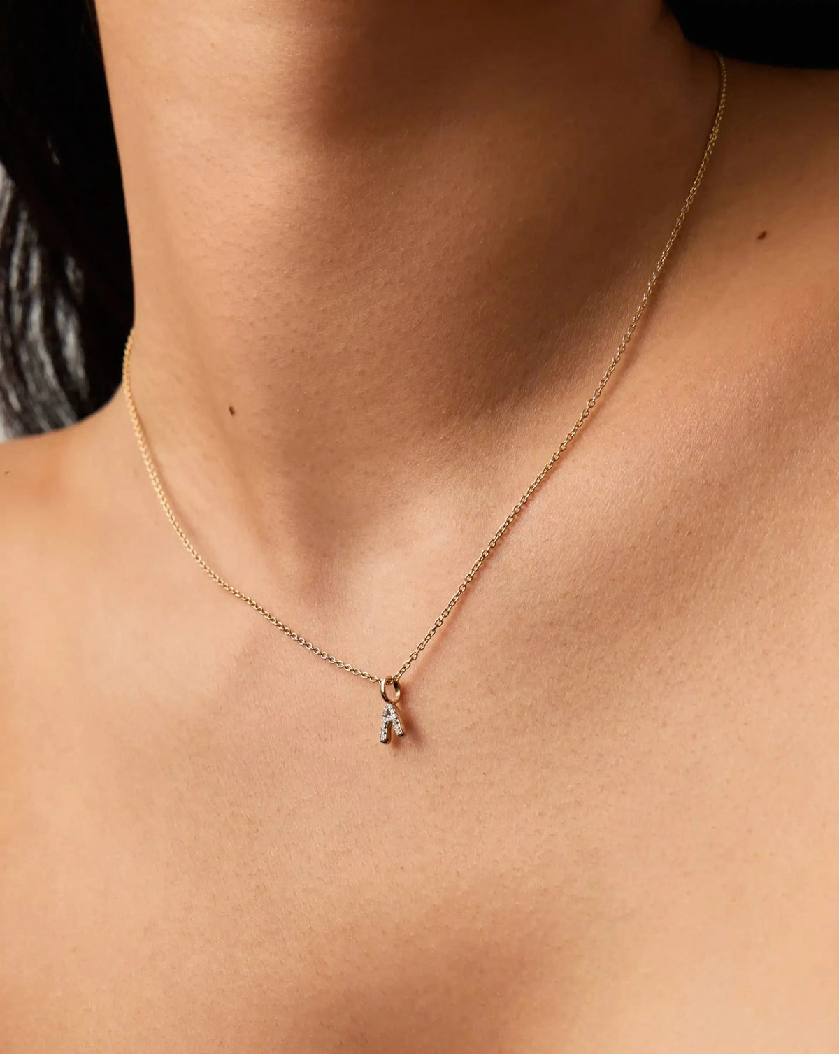 Solid Gold Diamond Initial Mini Pendant Necklace - A | 14ct Solid Yellow Gold Plated/Diamond