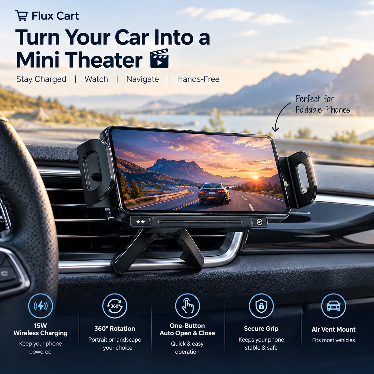 15W Wireless Car Charger Holder | Mini Theater, Drive. Charge. Enjoy.